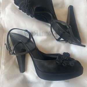 Prada peep toe black satin platform shoes